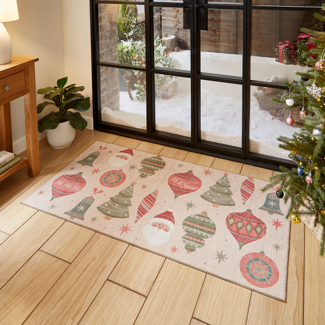 Washable Christmas Baubles Red/Green Flatweave Rug