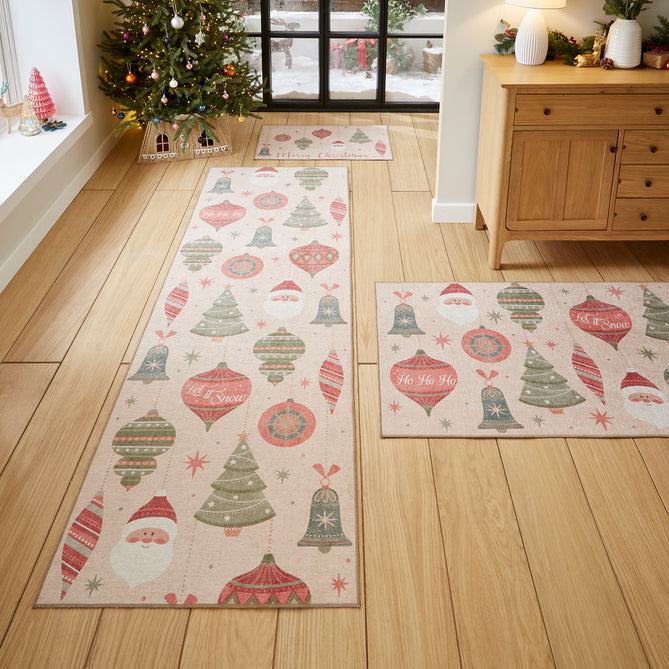Washable Christmas Baubles Red/Green Flatweave Rug
