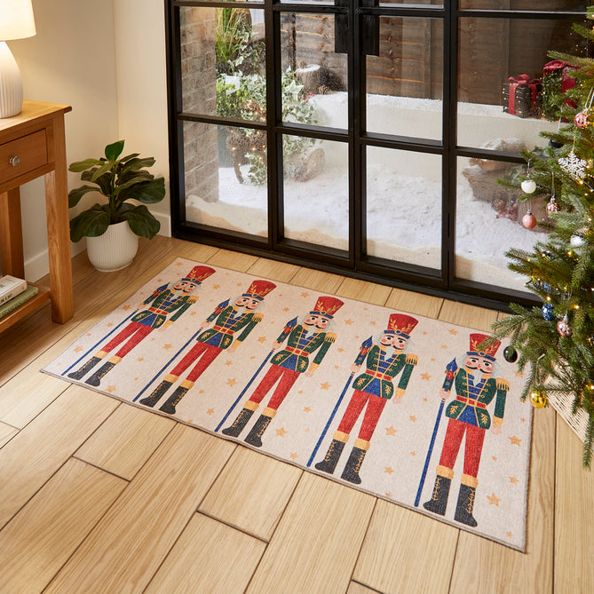 Washable Christmas Nutcracker Green Flatweave Rug