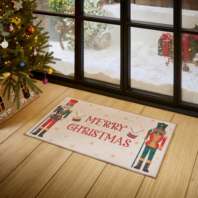 Washable Christmas Nutcracker Green Flatweave Rug