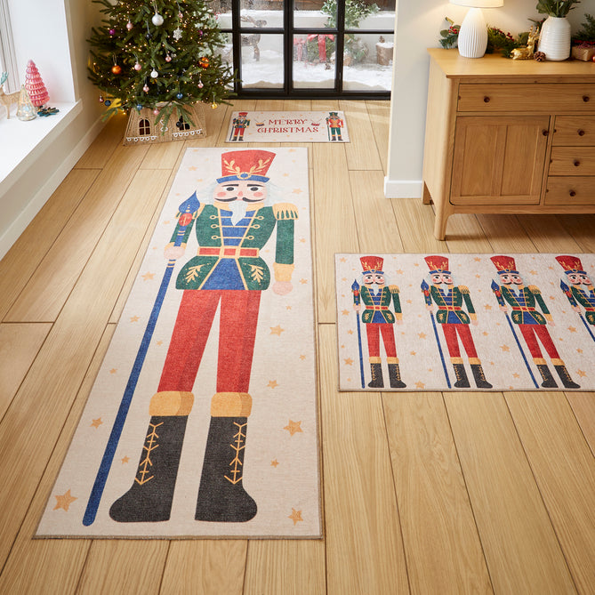 Washable Christmas Nutcracker Green Flatweave Rug