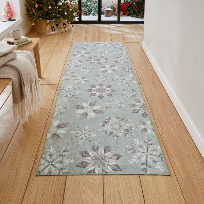 Washable Christmas Snow Flakes Duck Egg Flatweave Rug