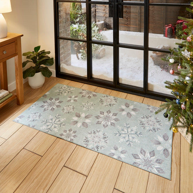 Washable Christmas Snow Flakes Duck Egg Flatweave Rug