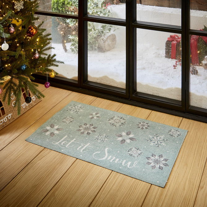 Washable Christmas Snow Flakes Duck Egg Flatweave Rug