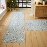 Washable Christmas Snow Flakes Duck Egg Flatweave Rug