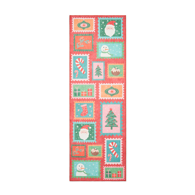 Washable Christmas Stamps Red Flatweave Rug