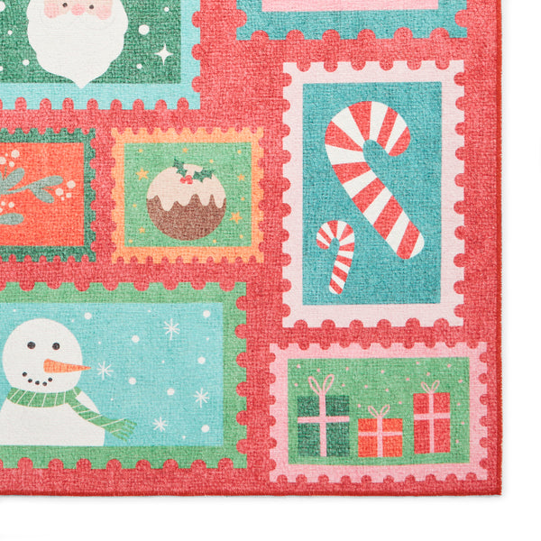 Washable Christmas Stamps Red Flatweave Rug