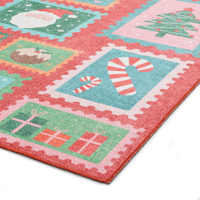 Washable Christmas Stamps Red Flatweave Rug