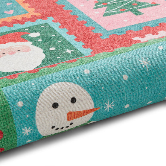 Washable Christmas Stamps Red Flatweave Rug