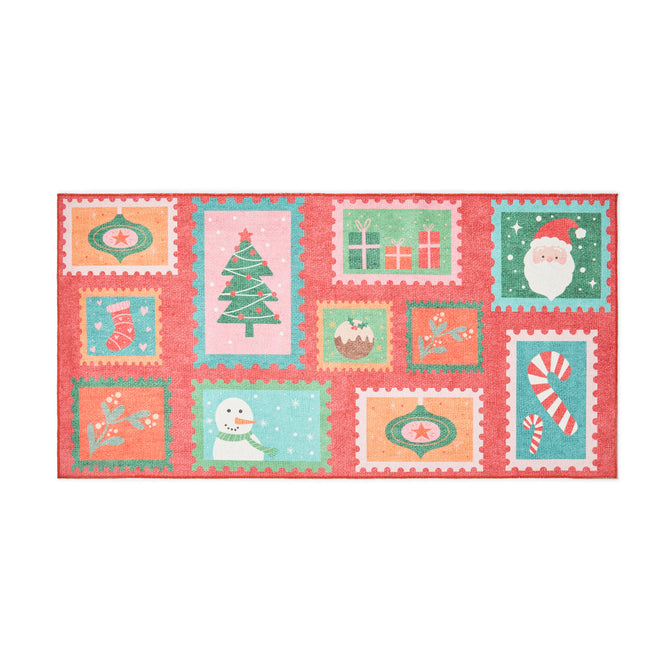 Washable Christmas Stamps Red Flatweave Rug