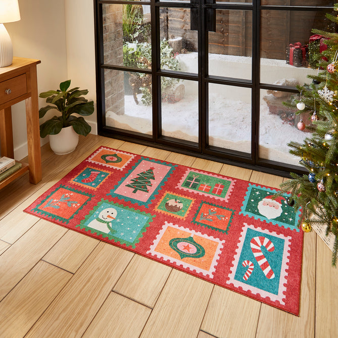 Washable Christmas Stamps Red Flatweave Rug