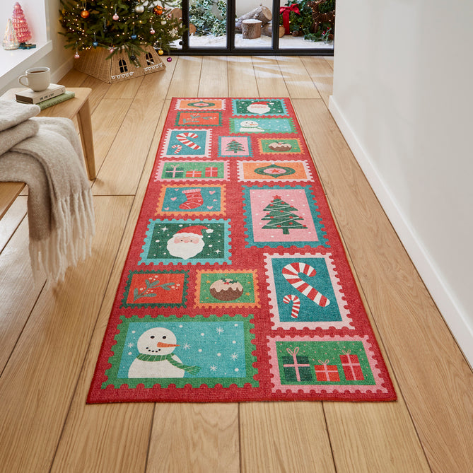 Washable Christmas Stamps Red Flatweave Rug