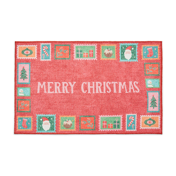 Washable Christmas Stamps Red Flatweave Rug