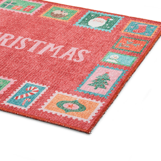 Washable Christmas Stamps Red Flatweave Rug