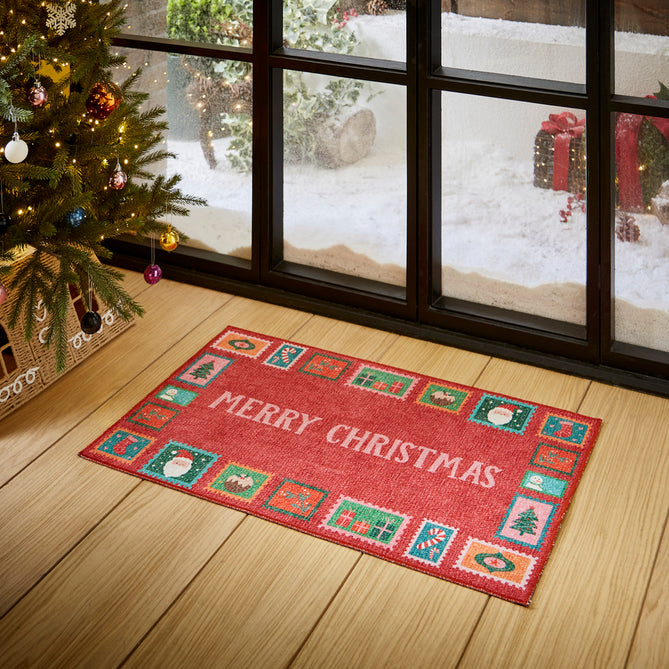 Washable Christmas Stamps Red Flatweave Rug