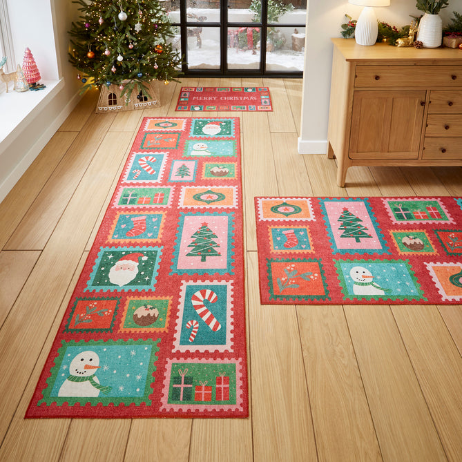 Washable Christmas Stamps Red Flatweave Rug