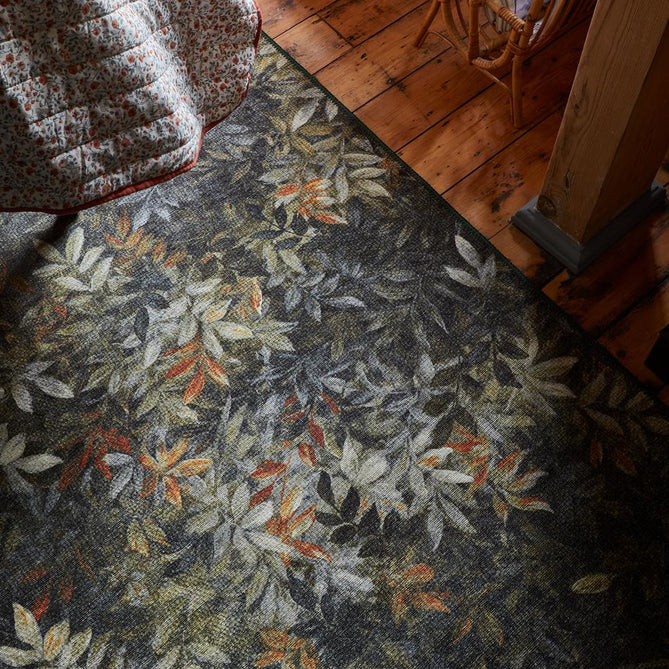 Washable Clarke & Clarke Congo Salt & Pepper Modern Floral Botanical Textured Lightweight Printed Recycled Polyester Flatweave Charcoal Grey/Olive/Moss/Golden Ochre/Mustard Rug