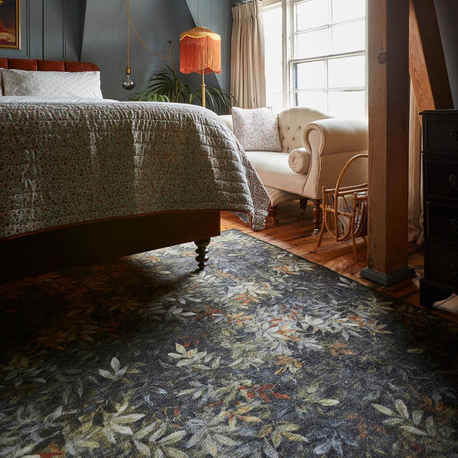 Washable Clarke & Clarke Congo Salt & Pepper Modern Floral Botanical Textured Lightweight Printed Recycled Polyester Flatweave Charcoal Grey/Olive/Moss/Golden Ochre/Mustard Rug