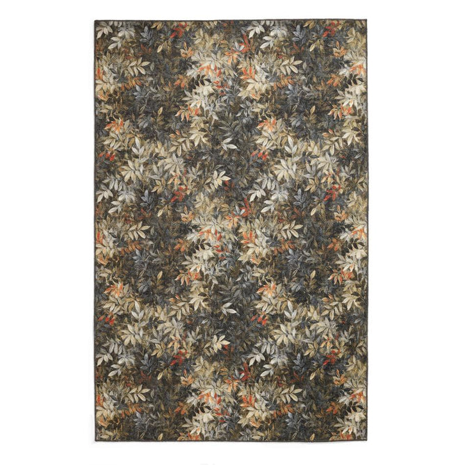 Washable Clarke & Clarke Congo Salt & Pepper Modern Floral Botanical Textured Lightweight Printed Recycled Polyester Flatweave Charcoal Grey/Olive/Moss/Golden Ochre/Mustard Rug