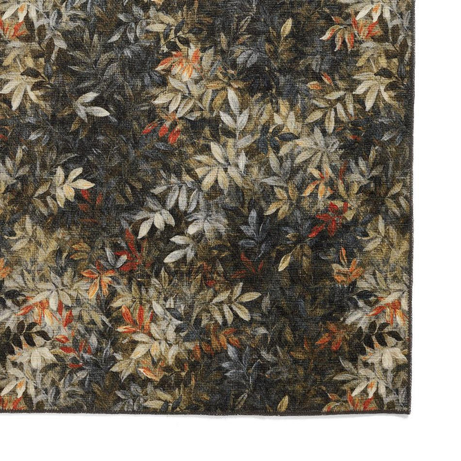 Washable Clarke & Clarke Congo Salt & Pepper Modern Floral Botanical Textured Lightweight Printed Recycled Polyester Flatweave Charcoal Grey/Olive/Moss/Golden Ochre/Mustard Rug