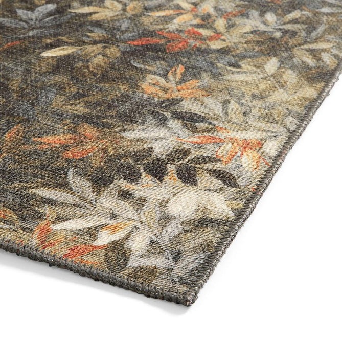 Washable Clarke & Clarke Congo Salt & Pepper Modern Floral Botanical Textured Lightweight Printed Recycled Polyester Flatweave Charcoal Grey/Olive/Moss/Golden Ochre/Mustard Rug