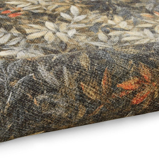 Washable Clarke & Clarke Congo Salt & Pepper Modern Floral Botanical Textured Lightweight Printed Recycled Polyester Flatweave Charcoal Grey/Olive/Moss/Golden Ochre/Mustard Rug