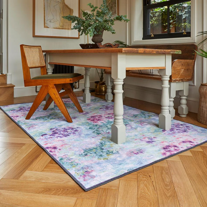 Washable Clarke & Clarke Fiore Heather Modern Floral Botanical Textured Lightweight Printed Recycled Polyester Flatweave Heather/Lilac/Sky Blue/Mint/Sage Rug