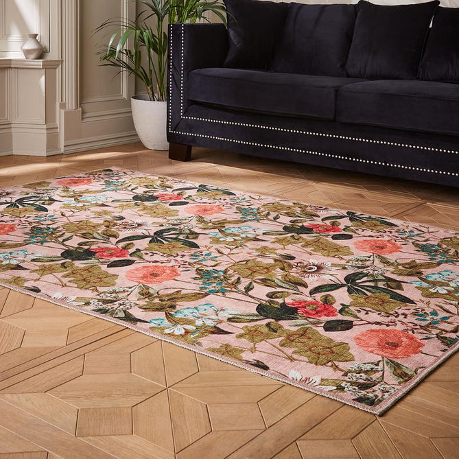 Washable Clarke & Clarke Passiflora Blush Modern Floral Botanical Textured Lightweight Printed Recycled Polyester Flatweave Blush Pink/Coral/Peach/Olive/Moss Green Runner