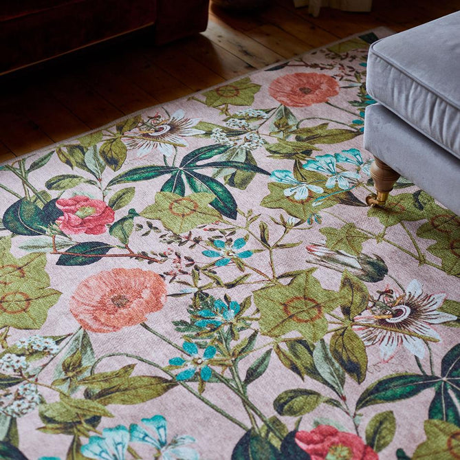 Washable Clarke & Clarke Passiflora Blush Modern Floral Botanical Textured Lightweight Printed Recycled Polyester Flatweave Blush Pink/Coral/Peach/Olive/Moss Green Rug