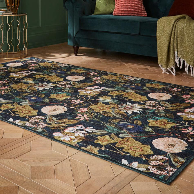 Washable Clarke & Clarke Passiflora Forest Modern Floral Botanical Textured Lightweight Printed Recycled Polyester Flatweave Forest/Olive/Moss/Emerald/Teal Blue/Ivory/Blush Rug