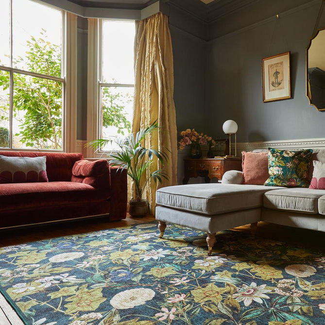 Washable Clarke & Clarke Passiflora Forest Modern Floral Botanical Textured Lightweight Printed Recycled Polyester Flatweave Forest/Olive/Moss/Emerald/Teal Blue/Ivory/Blush Rug