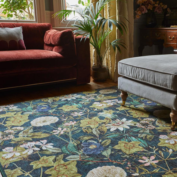 Washable Clarke & Clarke Passiflora Forest Modern Floral Botanical Textured Lightweight Printed Recycled Polyester Flatweave Forest/Olive/Moss/Emerald/Teal Blue/Ivory/Blush Rug