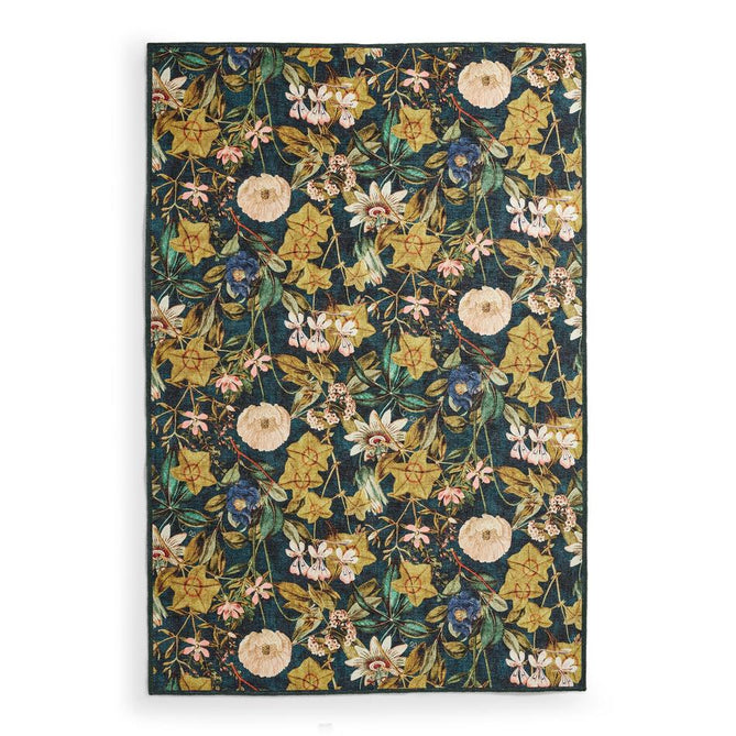 Washable Clarke & Clarke Passiflora Forest Modern Floral Botanical Textured Lightweight Printed Recycled Polyester Flatweave Forest/Olive/Moss/Emerald/Teal Blue/Ivory/Blush Rug