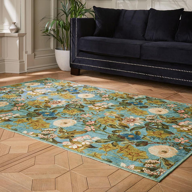 Washable Clarke & Clarke Passiflora Mineral Modern Floral Botanical Textured Lightweight Printed Recycled Polyester Flatweave Mineral Blue/Olive/Moss/Forest Green Rug