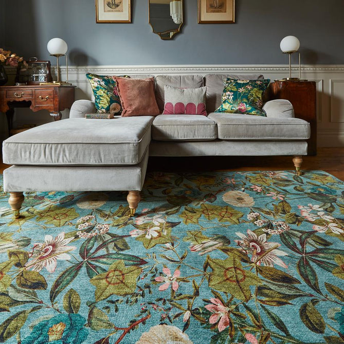 Washable Clarke & Clarke Passiflora Mineral Modern Floral Botanical Textured Lightweight Printed Recycled Polyester Flatweave Mineral Blue/Olive/Moss/Forest Green Rug