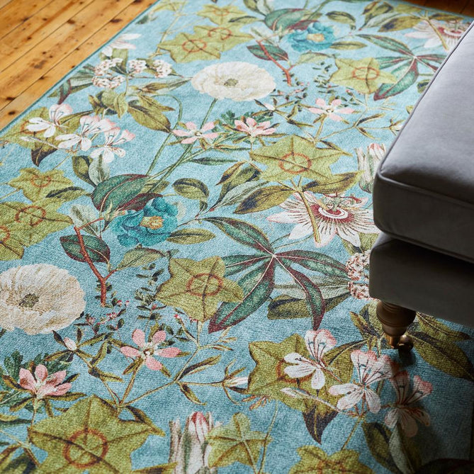 Washable Clarke & Clarke Passiflora Mineral Modern Floral Botanical Textured Lightweight Printed Recycled Polyester Flatweave Mineral Blue/Olive/Moss/Forest Green Rug