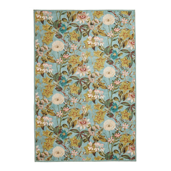 Washable Clarke & Clarke Passiflora Mineral Modern Floral Botanical Textured Lightweight Printed Recycled Polyester Flatweave Mineral Blue/Olive/Moss/Forest Green Rug