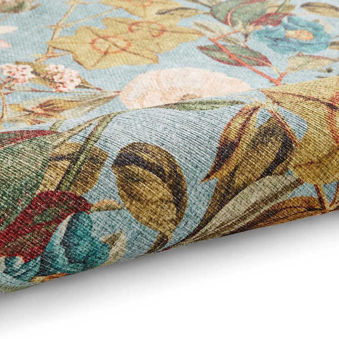 Washable Clarke & Clarke Passiflora Mineral Modern Floral Botanical Textured Lightweight Printed Recycled Polyester Flatweave Mineral Blue/Olive/Moss/Forest Green Rug