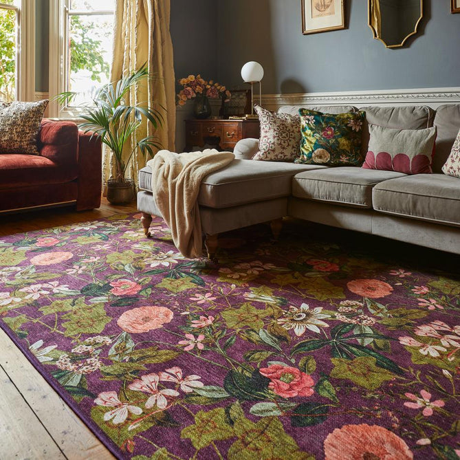 Washable Clarke & Clarke Passiflora Mulberry Modern Floral Botanical Textured Lightweight Printed Recycled Polyester Flatweave Mulberry Purple/Olive/Moss/Blush Pink Rug