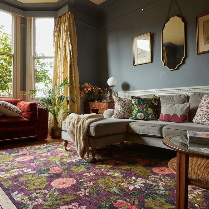 Washable Clarke & Clarke Passiflora Mulberry Modern Floral Botanical Textured Lightweight Printed Recycled Polyester Flatweave Mulberry Purple/Olive/Moss/Blush Pink Rug