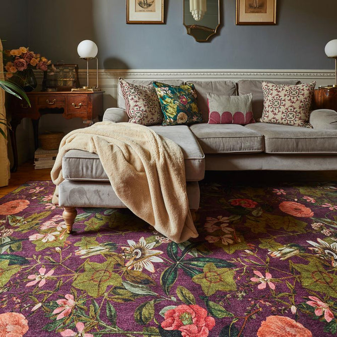 Washable Clarke & Clarke Passiflora Mulberry Modern Floral Botanical Textured Lightweight Printed Recycled Polyester Flatweave Mulberry Purple/Olive/Moss/Blush Pink Rug