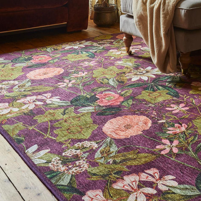 Washable Clarke & Clarke Passiflora Mulberry Modern Floral Botanical Textured Lightweight Printed Recycled Polyester Flatweave Mulberry Purple/Olive/Moss/Blush Pink Rug