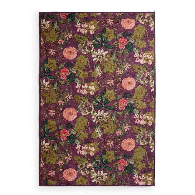 Washable Clarke & Clarke Passiflora Mulberry Modern Floral Botanical Textured Lightweight Printed Recycled Polyester Flatweave Mulberry Purple/Olive/Moss/Blush Pink Rug