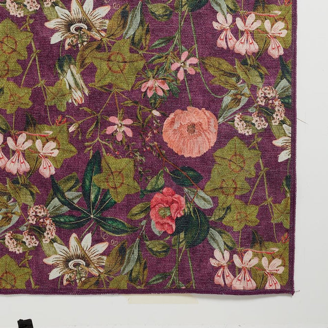 Washable Clarke & Clarke Passiflora Mulberry Modern Floral Botanical Textured Lightweight Printed Recycled Polyester Flatweave Mulberry Purple/Olive/Moss/Blush Pink Rug