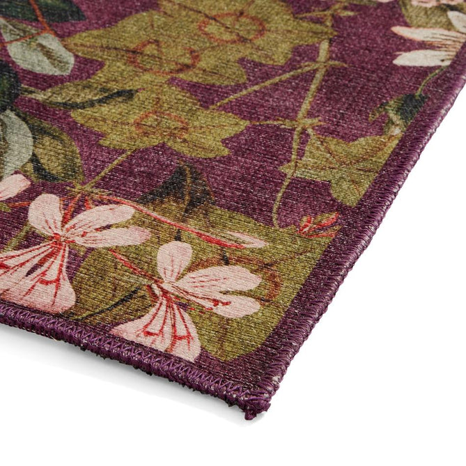Washable Clarke & Clarke Passiflora Mulberry Modern Floral Botanical Textured Lightweight Printed Recycled Polyester Flatweave Mulberry Purple/Olive/Moss/Blush Pink Rug