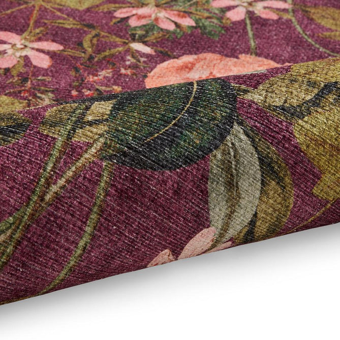 Washable Clarke & Clarke Passiflora Mulberry Modern Floral Botanical Textured Lightweight Printed Recycled Polyester Flatweave Mulberry Purple/Olive/Moss/Blush Pink Rug