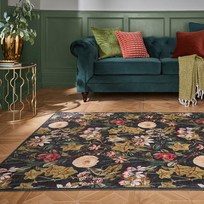 Washable Clarke & Clarke Passiflora Noir Modern Floral Botanical Textured Lightweight Printed Recycled Polyester Flatweave Noir Black/Olive/Forest/Sage/Moss/Ivory Rug