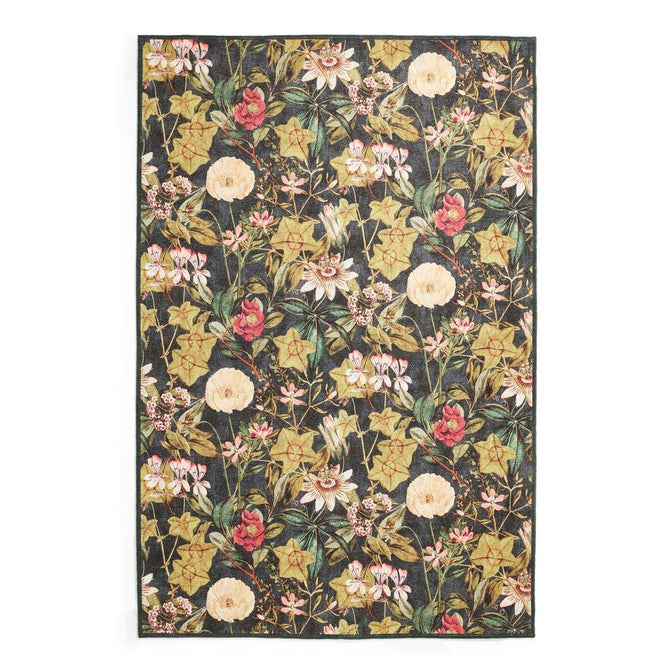 Washable Clarke & Clarke Passiflora Noir Modern Floral Botanical Textured Lightweight Printed Recycled Polyester Flatweave Noir Black/Olive/Forest/Sage/Moss/Ivory Rug