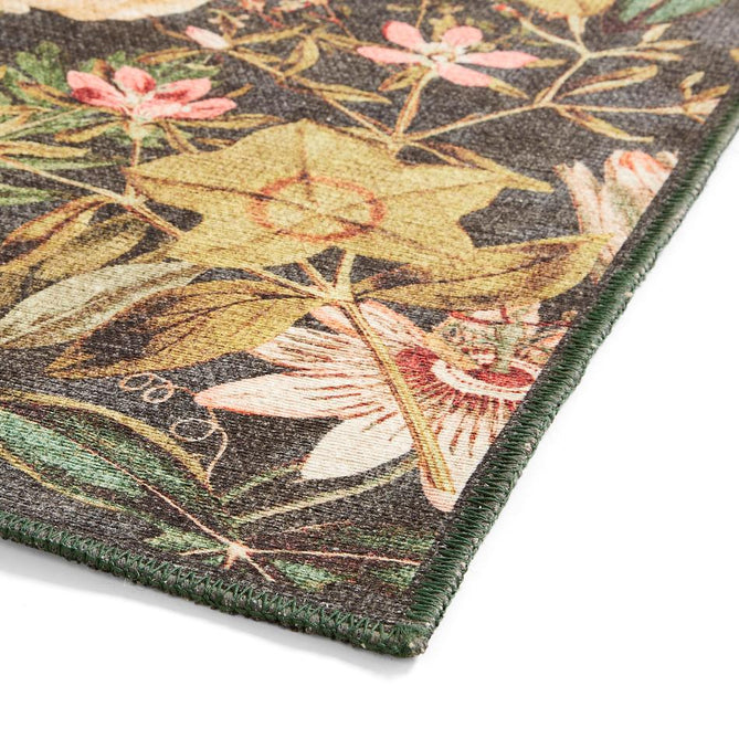 Washable Clarke & Clarke Passiflora Noir Modern Floral Botanical Textured Lightweight Printed Recycled Polyester Flatweave Noir Black/Olive/Forest/Sage/Moss/Ivory Rug