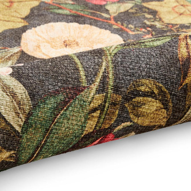 Washable Clarke & Clarke Passiflora Noir Modern Floral Botanical Textured Lightweight Printed Recycled Polyester Flatweave Noir Black/Olive/Forest/Sage/Moss/Ivory Rug